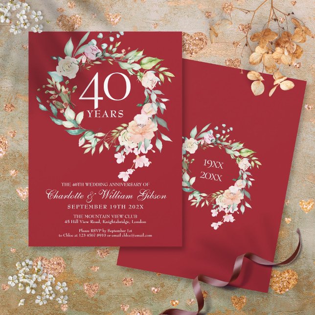 Convite rosas de aniversário de 40 anos Garland Ruby (40th Wedding Anniversary Roses Garland Ruby Invitation)