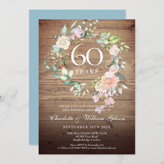 Convite Rosas de Aniversário de 60 Anos de Casamento em Ma (Frente/Verso)