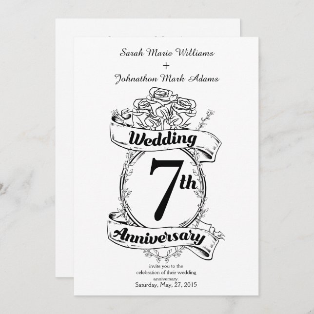 Convite Rosas de aniversário de 7 anos de casamento (Frente/Verso)