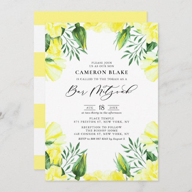 Convite Rosas de Aquarela Amarela Bar Floral Mitzvah (Frente/Verso)