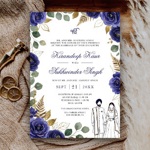 Convite Rosas de Aquarela Azul Real Floral Casamento Sikh