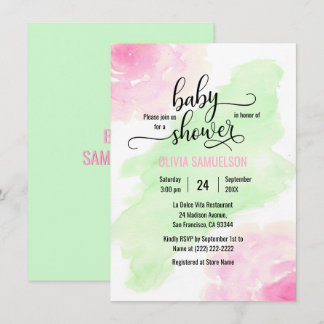 Convite Rosas de aquarela Chá de fraldas rosa e verde