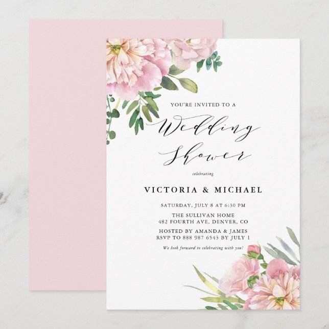 Convite Rosas de Aquarela Cor-de-Água Rosa Brilhantes Chá  (Frente/Verso)