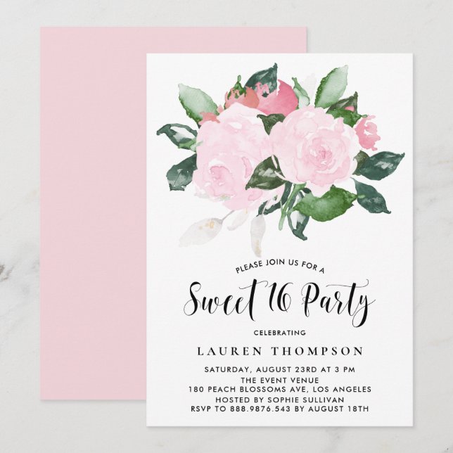 Convite Rosas de aquarela cor-de-rosa doce Grupo dos Dezes (Frente/Verso)