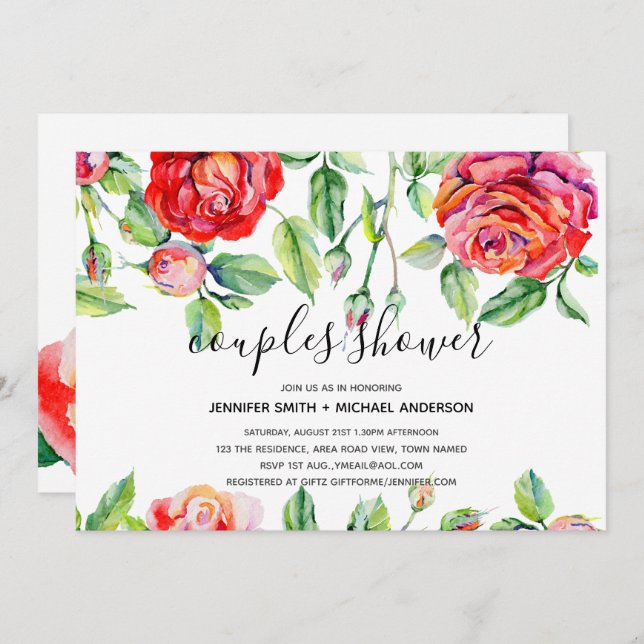 Convite Rosas de Aquarela do CHÁ Moderno Manuscritos (Frente/Verso)