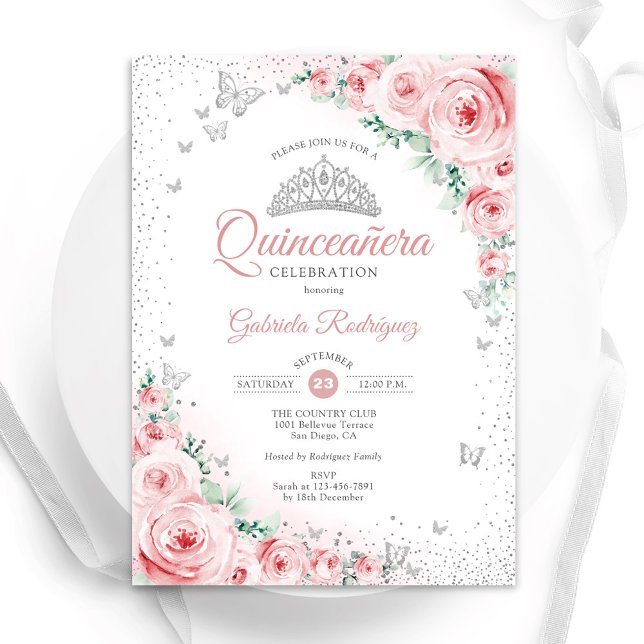 Convite Rosas de Aquarela Flores Cor-de-Leve Quinceanera (Criador carregado)