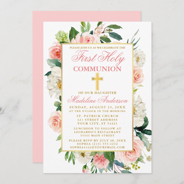 Convite Rosas de Aquarela Flores Rosa Dourada Primeira Com (Frente/Verso)