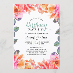 Convite rosas de Aquarela para Adultos Elegantes com Festa