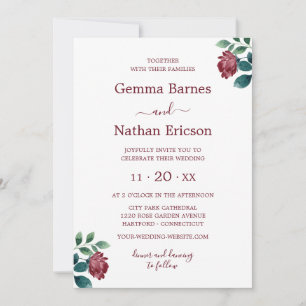 Convite Rosas de Aquarela Romântica Casamento Borgonha