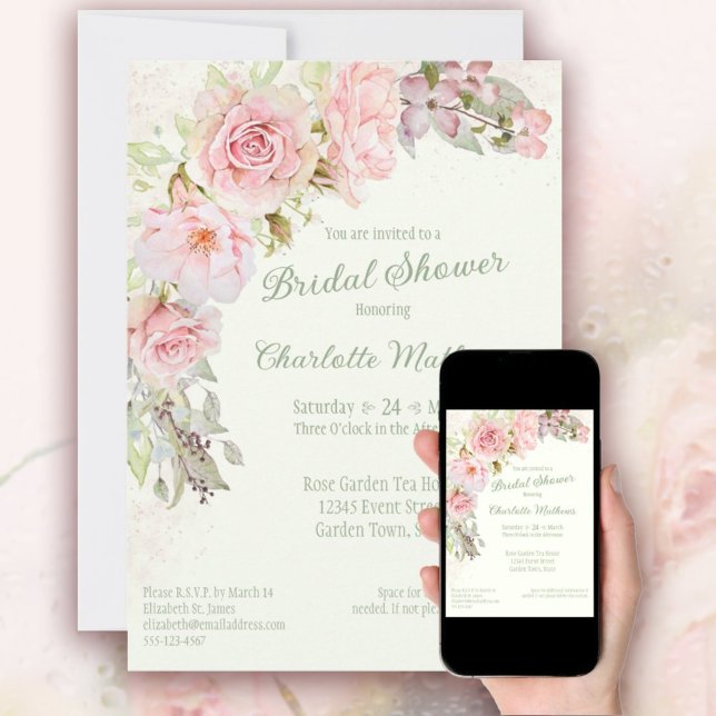 Convite Rosas de Aquarela Rosa Chá de panela Verde Sage (Pink Watercolor Roses Sage Green Bridal Shower Invitation)