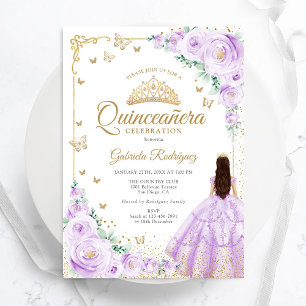 Convite Rosas de Aquarela Roxos Lilosos Dourados Quinceane