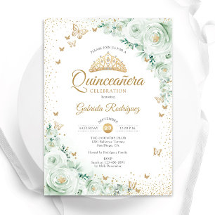 Convite Rosas de Aquarela Sage Frente Verde Quinceanera