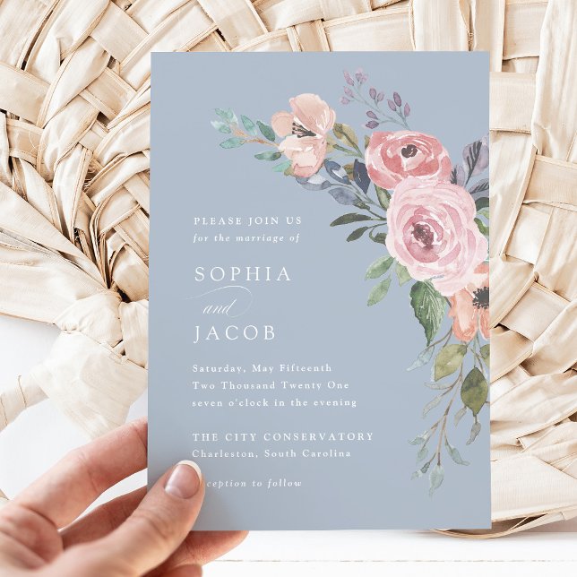 Convite Rosas de aquarela sutil | Casamento Azul Claro (A pretty floral spring wedding invitation)