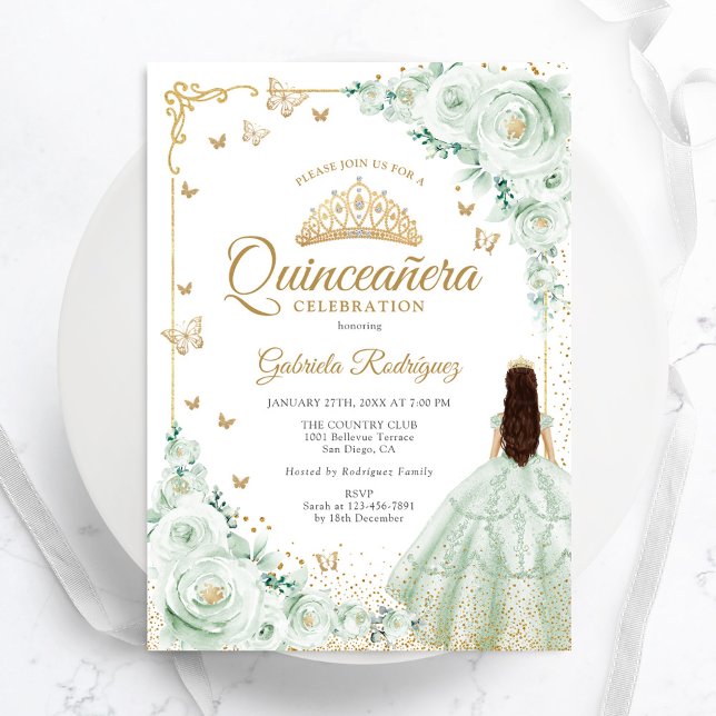 Convite Rosas de Aquarela Verde Sage, Dourada Quinceanera (Criador carregado)