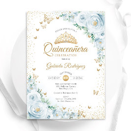 Convite Rosas de Aquarelas Baby Blue Quinceanera