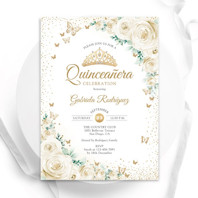 Convite Rosas de Aquarelas Cream Dourado Quinceanera Flora (Criador carregado)