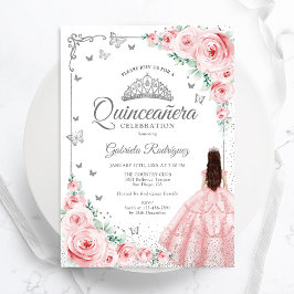 Convite Rosas de Aquarelas Florais Rosa Silver Quinceanera