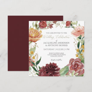 Convite Rosas de Blush Burgundy Floral de Casamento Floral