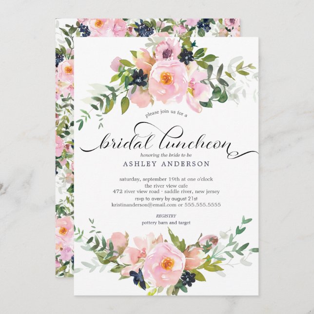 Convite Rosas de Blush e Peonies Bridal Lunchee (Frente/Verso)