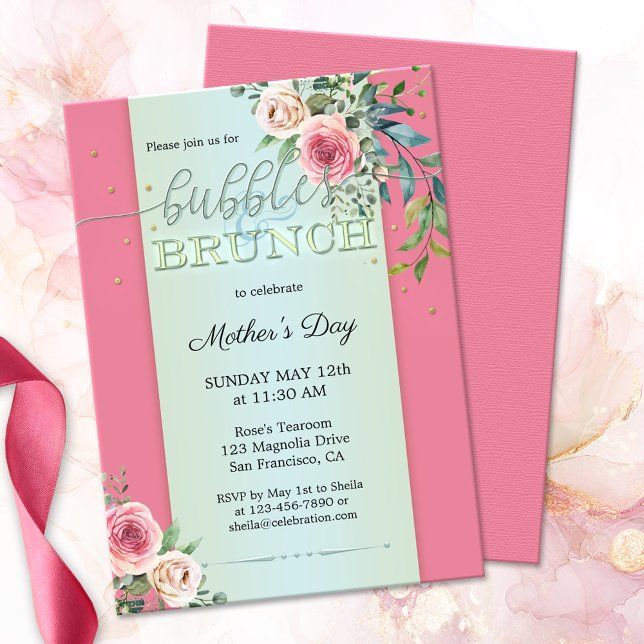 Convite Rosas de Blush Watercolor e Brunch (Elegant Mother's Day bubbles & brunch invitation featuring watercolor blush pink roses on pastel)