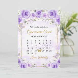 Convite Rosas de Borboleta Dourada Roxo Quinceañera Aniver