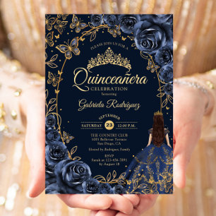 Convite Rosas de Borboletas Douradas do Quinceanera