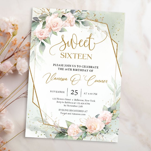 Convite Rosas de borda Elegante e quadro de ouro de eucali (Soft pastel pink roses greenery and gold frame sweet sixteen invitation template)