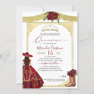 Convite Rosas de Borgonha Elegante Western Charro Quincean