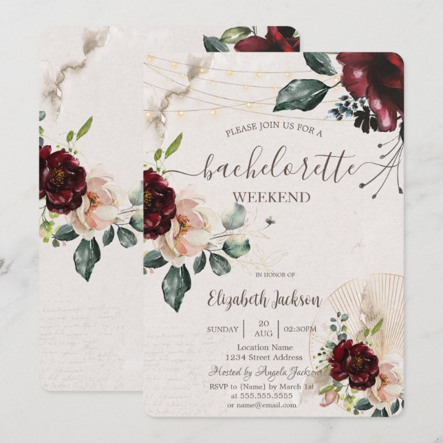 Convite Rosas de Borgonha,Vidro de Vinho,Festa de solteira (Frente/Verso)