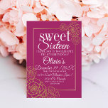 Convite Rosas de brilho dourado, cor-de-rosa, elegantes Sw<br><div class="desc">O moderno docinho Doce Dezesseis e Dezesseis Modelo de Convite de Aniversário é perfeito para a 16ª festa de aniversário de comemoração. Este primeiro convite de aniversário apresenta uma fonte moderna divertida escrita à mão,  um esquema simples com brilho rosa e brilho rosa.</div>