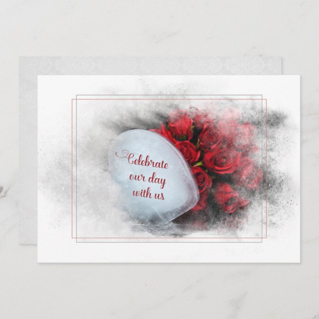 Convite rosas de casamento e coração de gelo em moldes tex (Frente/Verso)