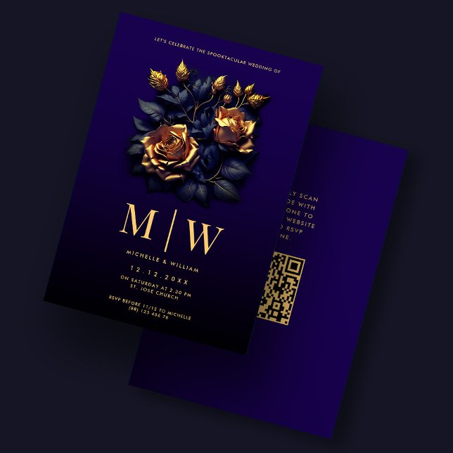 Convite Rosas de Casamento Gótico Azul Escuro Elegante Dou (Gothic Wedding Roses Elegant Dark Blue Gold Invitation
)
