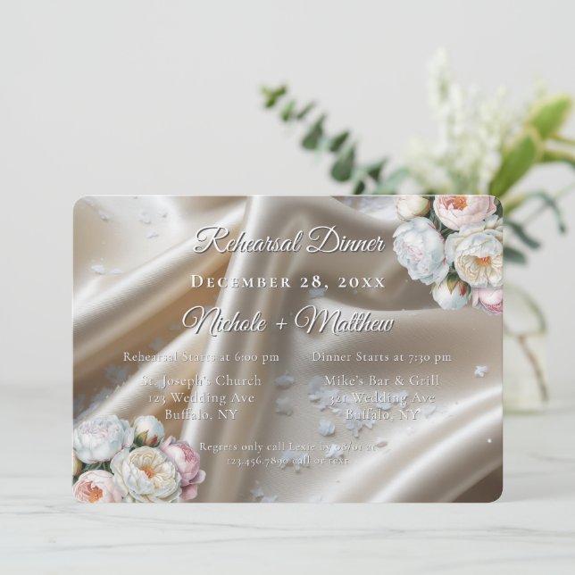 Convite Rosas de Cetim Branco Casamento (Em pé/Frente)