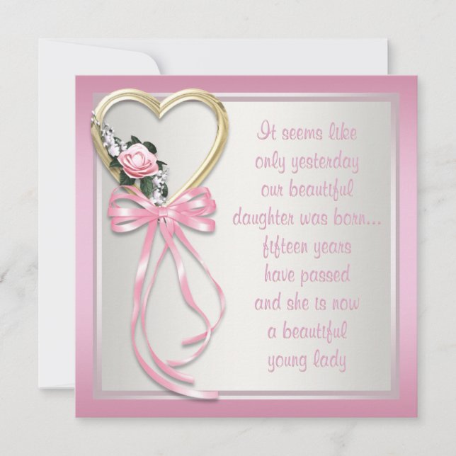 Convite Rosas de Coração Cor Rosa Quinceanera Branca Convi (Frente)