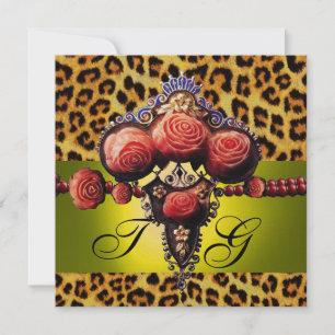 CONVITE ROSAS DE CORAL VERMELHO AMARELO, PELE DE LEOPARDO 