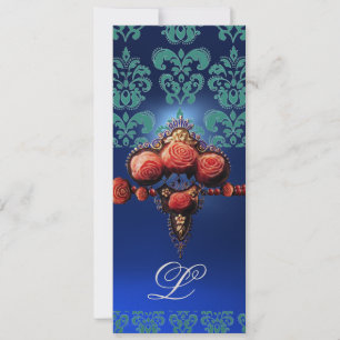 CONVITE ROSAS DE CORAL VERMELHO, DAMASCO PRETO AZUL ÁGUA M