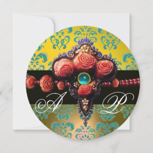 CONVITE ROSAS DE CORAL VERMELHO, MONOGRAMA DAMASCO AMARELO