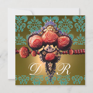 CONVITE ROSAS DE CORAL VERMELHO, MONOGRAMA DAMASCO PRETO A