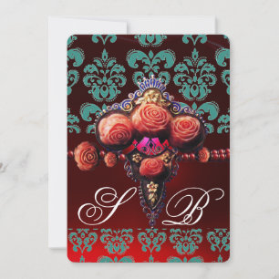 CONVITE ROSAS DE CORAL VERMELHO, MONOGRAMA DAMASCO PRETO A