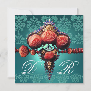 CONVITE ROSAS DE CORAL VERMELHO, MONOGRAMA DAMASCO PRETO A