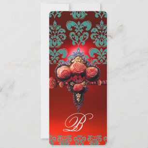 CONVITE ROSAS DE CORAL VERMELHO, MONOGRAMA DAMASCO PRETO A