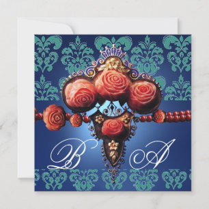 CONVITE ROSAS DE CORAL VERMELHO, MONOGRAMA DAMASCO PRETO A