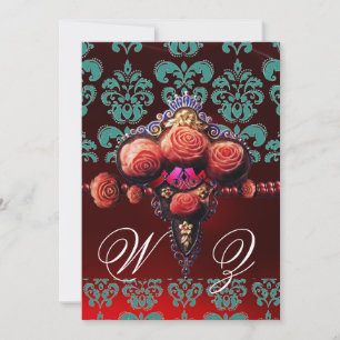 CONVITE ROSAS DE CORAL VERMELHO OURO, MONOGRAMA DAMASCO PR