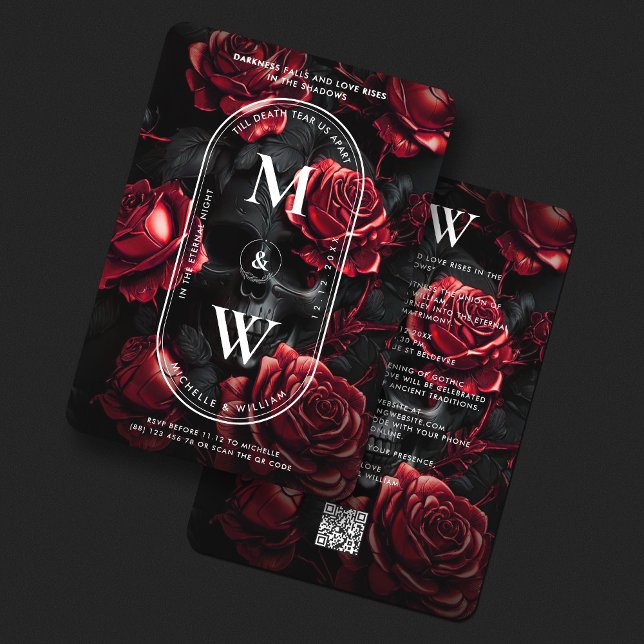 Convite Rosas de crânio gótico Monograma vermelho preto (Gothic Wedding Skull Roses Monogram Black Red Invitation
)