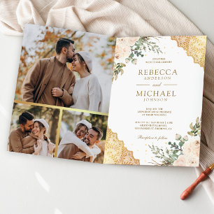 Convite Rosas de Creme Suave com Renda Dourada Código QR C