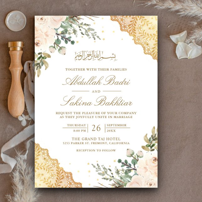 Convite Rosas de Creme Suave com Renda Dourada e Código QR (Criador carregado)