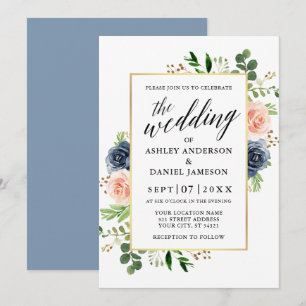 Convite Rosas de Dusty Blue Watercolor Casamento