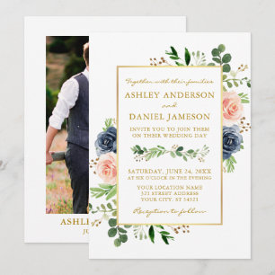 Convite Rosas De Dusty Blue Watercolor Foto De Casamento D