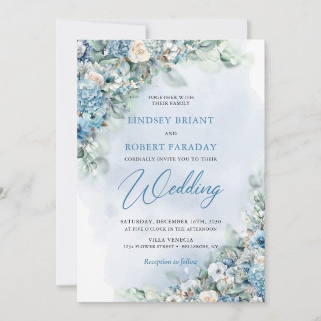 Convite Rosas de eucalipto, hidrangea azuis e creme (Frente)
