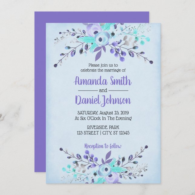 Convite Rosas de Flores de Aquarela Azul e Púrpura (Frente/Verso)